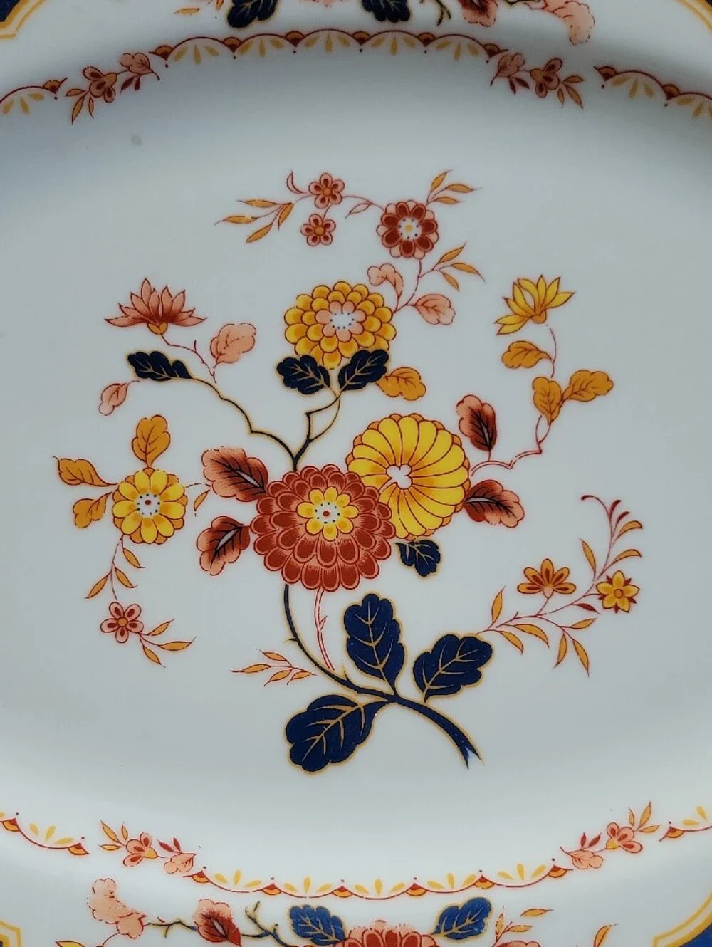 Vintage Floral Porcelain Serving Platter in Blue, Yellow and Orange